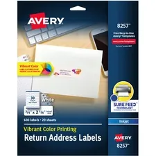 Avery Dennison AVE 8257 — Avery® Color Printing Labels - Permanent Adhesive - Rectangle - Inkjet - White - Paper - 30 / Sheet - 20 Total Sheets - 600 Total Label(s) - 600 / Pack