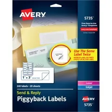 Avery Dennison AVE 5735 — Avery® Send & Reply Piggyback Labels - Permanent Adhesive - Rectangle - Laser, Inkjet - White - Paper - 12 / Sheet - 20 Total Sheets - 240 Total Label(s) - 240 / Pack