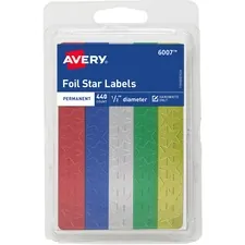 Avery Dennison AVE 06007 — Avery® Assorted Foil Star Labels - Learning Theme/Subject - Permanent Adhesive - 0.50 Height - Red, Blue, Silver, Green, Gold - Paper - 6