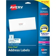 Avery Dennison AVE 18260 — Avery® Easy Peal Sure Feed Address Labels - Permanent Adhesive - Rectangle - Laser, Inkjet - White - Paper - 30 / Sheet - 25 Total Sheets - 750 Total Label(s) - 5