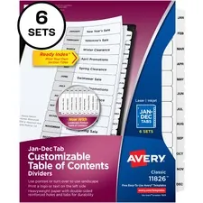Avery Dennison AVE 11826 — Avery® Monthly Tab Table of Contents Dividers - 72 x Divider(s) - Jan-Dec, Table of Contents - 12 Tab(s)/Set - 8.5 Divider Width x 11 Divider Length - 3 Hole Punched - White Paper Divider - White Paper Tab(s) - 6