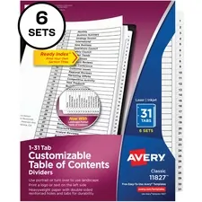 Avery Dennison AVE 11827 — Avery® 1-31 Custom Table of Contents Dividers - 186 x Divider(s) - Table of Contents, 1-31 - 31 Tab(s)/Set - 8.5 Divider Width x 11 Divider Length - 3 Hole Punched - White Paper Divider - White Paper Tab(s) - 6 / Pack