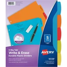 Avery Dennison AVE 16129 — Avery® Big Tab Write & Erase Durable Plastic Dividers, 5-Tab Set, Multicolor - 5 x Divider(s) - 5 Write-on Tab(s) - 5 - 5 Tab(s)/Set - 8.5 Divider Width x 11 Divider Length - 3 Hole Punched - Multicolor Plastic Divider - Multicolor Plastic Tab(s) - 1 / Set