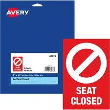 Avery Dennison AVE 83076 — Avery® Surface Safe SEAT CLOSED Chair Decals - 10 / Pack - Seat Closed Print/Message - 4 Width x 6 Height - Rectangular Shape - Water Resistant, Pre-printed, Chemical Resistant, Abrasion Resistant, Tear Resistant, Durable, UV Resistant, Residue-free, Easy Peel, Anti-slip, Stick & Stay, ... - Vinyl, Polyester - Red