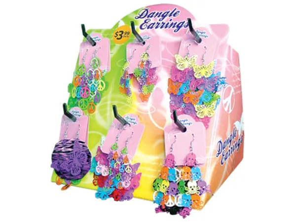 Bulk Buys EN985 — Colorful Dangle Metal Earrings Displayed in Countertop Stand