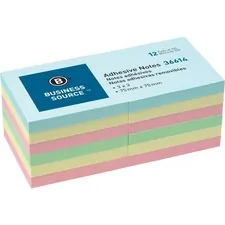 Business Source BSN 36614 — Business Source 3 Plain Pastel Colors Adhesive Notes - 100 - 3 x 3 - Square - Assorted - Repositionable, Solvent-free Adhesive - 12 / Pack