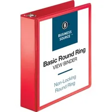 Business Source BSN 09968 — Business Source Round Ring Binder - 2 Binder Capacity - Round Ring Fastener(s) - 2 Internal Pocket(s) - Red - Clear Overlay, Labeling Area - 1 Each
