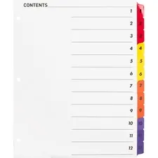 Business Source BSN 21903 — Business Source Table of Content Quick Index Dividers - Printed Tab(s) - Digit - 1-12 - 12 Tab(s)/Set - 8.5 Divider Width x 11 Divider Length - 3 Hole Punched - Multicolor Divider - Multicolor Mylar Tab(s) - 12 / Set