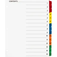 Business Source BSN 21904 — Business Source Table of Content Quick Index Dividers - Printed Tab(s) - Digit - 1-15 - 15 Tab(s)/Set - 8.5 Divider Width x 11 Divider Length - 3 Hole Punched - Multicolor Divider - Multicolor Mylar Tab(s) - 15 / Set