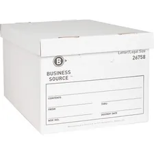 Business Source BSN 26758 — Business Source Lift-off Lid Medium Duty Storage Box - External Dimensions: 12 Width x 15 Depth x 10Height - Media Size Supported: Legal, Letter - Lift-off Closure - Medium Duty - Stackable - Cardboard - White - For File - Recycled - 12 / Carton