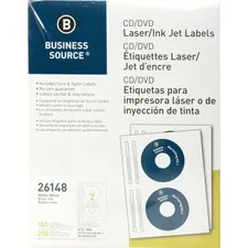 Business Source BSN 26148 — Business Source Laser/Inkjet CD/DVD Labels - 4 5/8 Diameter - Permanent Adhesive - Circle - Inkjet, Laser - White - 100 / Pack