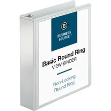 Business Source BSN 09957 — Business Source Round-ring View Binder - 2 Binder Capacity - Letter - 8 1/2 x 11 Sheet Size - 475 Sheet Capacity - Round Ring Fastener(s) - 2 Internal Pocket(s) - Polypropylene - White - Wrinkle-free, Gap-free Ring, Clear Overlay, Non Locking Mechanism - 1 Each