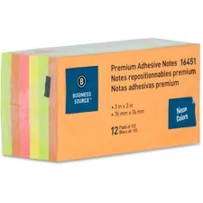 Business Source BSN 16451 — Business Source Repositionable Neon Notes - 3 x 3 - Square - Neon - Removable, Repositionable, Solvent-free Adhesive - 12 / Pack