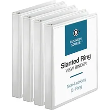 Business Source BSN 28440BD — Business Source Basic D-Ring White View Binders - 1 Binder Capacity - Letter - 8 1/2 x 11 Sheet Size - 240 Sheet Capacity - 3 x Slant D-Ring Fastener(s) - Internal Pocket(s) - Polypropylene - White - Spine Label, Non-glare, Sturdy, Exposed Rivet - 4 / Bundle
