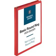 Business Source BSN 09965 — Business Source Round Ring Binder - 1/2 Binder Capacity - Round Ring Fastener(s) - 2 Internal Pocket(s) - Red - Clear Overlay, Labeling Area - 1 Each