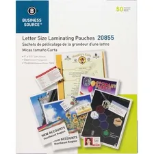 Business Source BSN 20855 — Business Source Letter Size Laminating Pouches - Laminating Pouch/Sheet Size: 9 Width x 11.50 Length x 5 mil Thickness - for Photo, Document, ID Badge, Recipe - Pre-trimmed - Clear - 50 / Box