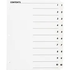 Business Source BSN 05854 — Business Source Table of Content Quick Index Dividers - Printed Tab(s) - Digit - 1-10 - 10 Tab(s)/Set - 8.5 Divider Width x 11 Divider Length - 3 Hole Punched - White Divider - White Mylar Tab(s) - 10 / Set