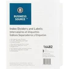 Business Source BSN 16482 — Business Source 3-Hole Punched Laser Index Tabs - 3 Tab(s) - 8.5 Divider Width x 11 Divider Length - Letter - 3 Hole Punched - White Tab(s) - 25 / Box