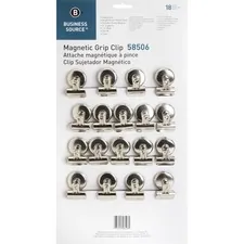 Business Source BSN 58506 — Business Source Magnetic Grip Clips Pack - No. 1 - 1.3 Width - for Paper - Magnetic, Heavy Duty - 18 / Box - Silver - Nickel Plated Steel