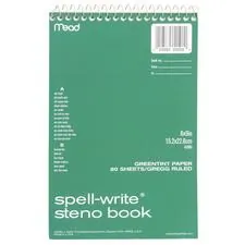 ACCO Brands MEA 43080 — Mead Spell-Write Steno Book - 80 Sheets - Wire Bound - 6 x 9 - Green Paper - Cardboard Cover - 1 Each