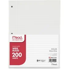 ACCO Brands MEA 15200 — Mead 3-Hole Punched Wide-ruled Filler Paper - 200 Sheets - Ruled Red Margin - 8 x 10 1/2 - White Paper - 1 / Pack