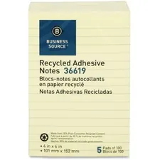 Business Source BSN 36619 — Business Source Yellow Adhesive Notes - 4 x 6 - Rectangle - Ruled - Yellow - Self-adhesive, Removable - 5 / Pack