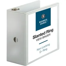 Business Source BSN 28445 — Business Source Basic D-Ring White View Binders - 5 Binder Capacity - Letter - 8 1/2 x 11 Sheet Size - D-Ring Fastener(s) - Polypropylene - White - 2.10 lb - Clear Overlay - 1 Each