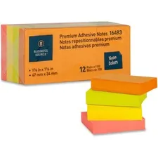 Business Source BSN 16493 — Business Source Premium Repostionable Adhesive Notes - 1.50 x 2 - Rectangle - Unruled - Neon - Self-adhesive, Repositionable, Solvent-free Adhesive - 12 / Pack