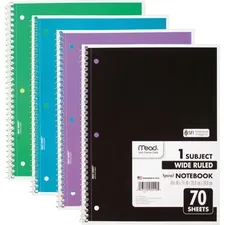 ACCO Brands MEA 72873 — Mead 1 Subject Wide Ruled Spiral Notebook - 70 Sheets - 140 Pages - Spiral Bound - 3 Hole(s) - 10 1/2 x 8 - 10 x 80.5 - White Paper - Assorted Cover - Durable Cover, Bleed Resistant, Perforated, Spiral Lock, Lightweight - 4 / Pack