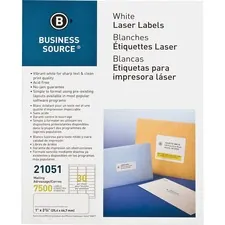 Business Source BSN 21051 — Business Source Bright White Premium-quality Address Labels - 1 x 2 5/8 Length - Permanent Adhesive - Rectangle - Laser, Inkjet - White - 30 / Sheet - 250 Total Sheets - 7500 / Pack