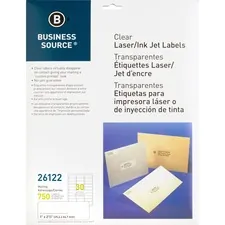 Business Source BSN 26122 — Business Source Clear Laser Print Mailing Labels - 1 x 2 3/4 Length - Permanent Adhesive - Rectangle - Laser - Clear - 30 / Sheet - 750 / Pack