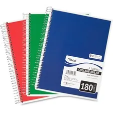 ACCO Brands MEA 05682 — Mead 5-subject Spiral Notebook - 180 Sheets - Wire Bound - College Ruled - 7 1/2 x 10 1/2 - White Paper - Blue, Green, Red Cover - Divider, Compact, Subject - 1 Each