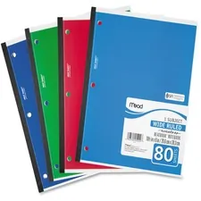 ACCO Brands MEA 05222 — Mead 05222 1-Subject Wireless Notebook - 80 Sheets - Ruled - 8 x 10 1/2 - White Paper - Green, Blue, Red, Light Blue Cover - Perforated - 1 Each