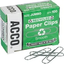 ACCO Brands ACC 72525PK — Acco Recycled Paper Clips - Jumbo - No. 4 - 1.6 Length - for Paper - Environmentally Friendly - 1000 / Pack - Silver