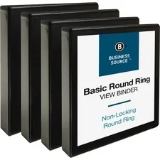 Business Source BSN 09954BD — Business Source Round Ring View Binder - 1 1/2 Binder Capacity - Letter - 8 1/2 x 11 Sheet Size - 350 Sheet Capacity - Round Ring Fastener(s) - 2 Internal Pocket(s) - Chipboard, Polypropylene - Black - Non-glare, Spine, Sturdy, Exposed Rivet, Durable - 4 / Bundle