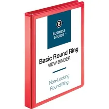 Business Source BSN 09966 — Business Source Round Ring Binder - 1 Binder Capacity - Round Ring Fastener(s) - 2 Internal Pocket(s) - Red - Clear Overlay, Labeling Area - 1 Each