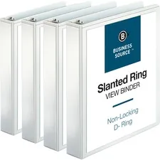 Business Source BSN 28441BD — Business Source Basic D-Ring White View Binders - 1 1/2 Binder Capacity - Letter - 8 1/2 x 11 Sheet Size - 375 Sheet Capacity - 3 x Slant D-Ring Fastener(s) - Internal Pocket(s) - Chipboard, Polypropylene - White - Spine, Non-glare, Sturdy, Exposed Rivet - 4 / Bundle