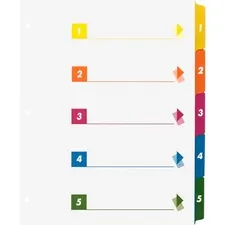 Business Source BSN 21908 — Business Source Color-coded Table of Contents/Tabs Index Dividers - Printed Tab(s) - Digit - 1-5 - 5 Tab(s)/Set - 3 Hole Punched - White Divider - Multicolor Mylar Tab(s) - 24 / Box