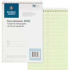 Business Source BSN 26742 — Business Source Steno Notebook - 70 Sheets - Wire Bound - Pitman Ruled - 6 x 9 - Green Paper - Stiff-back - 1 Each