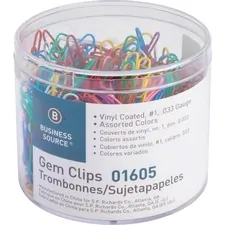 Business Source BSN 01605 — Business Source Vinyl-coated Gem Clips - Small - No. 2 - for Paper - Rust Resistant - 500 / Box - Assorted - Vinyl