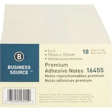Business Source BSN 16455 — Business Source Repositionable Notes - 3 x 5 - Rectangle - Yellow - Repositionable, Solvent-free Adhesive - 18 / Pack