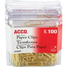 ACCO Brands ACC 72554 — Acco Gold Tone Paper Clips - Regular - No. 2 - 10 Sheet Capacity - for Office, Home, School, Document, Paper - Sturdy, Flex Resistant, Bend Resistant - 400 / Pack - Gold