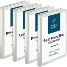 Business Source BSN 09951BD — Business Source Round-ring View Binder - 1/2 Binder Capacity - Letter - 8 1/2 x 11 Sheet Size - 125 Sheet Capacity - Round Ring Fastener(s) - 2 Internal Pocket(s) - Polypropylene - White - Sturdy, Non-glare, Exposed Rivet, Durable - 4 / Bundle