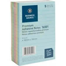 Business Source BSN 16501 — Business Source Ruled Adhesive Notes - 4 x 6 - Square - Ruled - Pastel - Self-adhesive, Solvent-free Adhesive - 5 / Pack