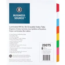 Business Source BSN 20075 — Business Source Laminated Write-On Tab Indexes - 8 Write-on Tab(s) - 8 Tab(s)/Set - 11 Tab Height x 8.50 Tab Width - 3 Hole Punched - Self-adhesive, Removable - Multicolor Mylar Tab(s) - 8 / Set