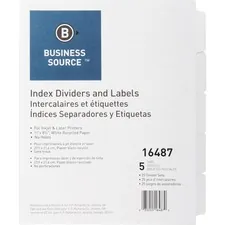 Business Source BSN 16487 — Business Source Un-punched Index Dividers Set - 5 x Divider(s) - Blank Tab(s) - 5 Tab(s)/Set - White Divider - White Tab(s) - 25 / Box