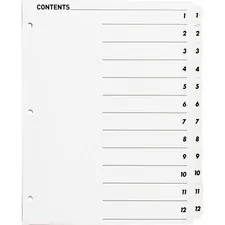 Business Source BSN 05855 — Business Source Table of Content Quick Index Dividers - Printed Tab(s) - Digit - 1-12 - 12 Tab(s)/Set - 8.5 Divider Width x 11 Divider Length - 3 Hole Punched - White Divider - White Mylar Tab(s) - 12 / Set