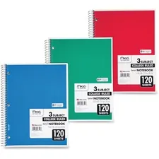 ACCO Brands MEA 06710 — Mead 3 - Subject Wirebound College Ruled Notebooks - Letter - 120 Sheets - Spiral - 8 1/2 x 11 - White Paper - Back Board - 1 Each