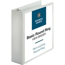 Business Source BSN 09959 — Business Source Round-ring View Binder - 3 Binder Capacity - Letter - 8 1/2 x 11 Sheet Size - 625 Sheet Capacity - Round Ring Fastener(s) - 2 Internal Pocket(s) - Polypropylene - White - Wrinkle-free, Gap-free Ring, Clear Overlay, Non Locking Mechanism - 1 Each