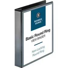 Business Source BSN 09954 — Business Source Round-ring View Binder - 1 1/2 Binder Capacity - Letter - 8 1/2 x 11 Sheet Size - 350 Sheet Capacity - Round Ring Fastener(s) - 2 Internal Pocket(s) - Polypropylene - Black - Wrinkle-free, Gap-free Ring, Clear Overlay, Non Locking Mechanism - 1 Each